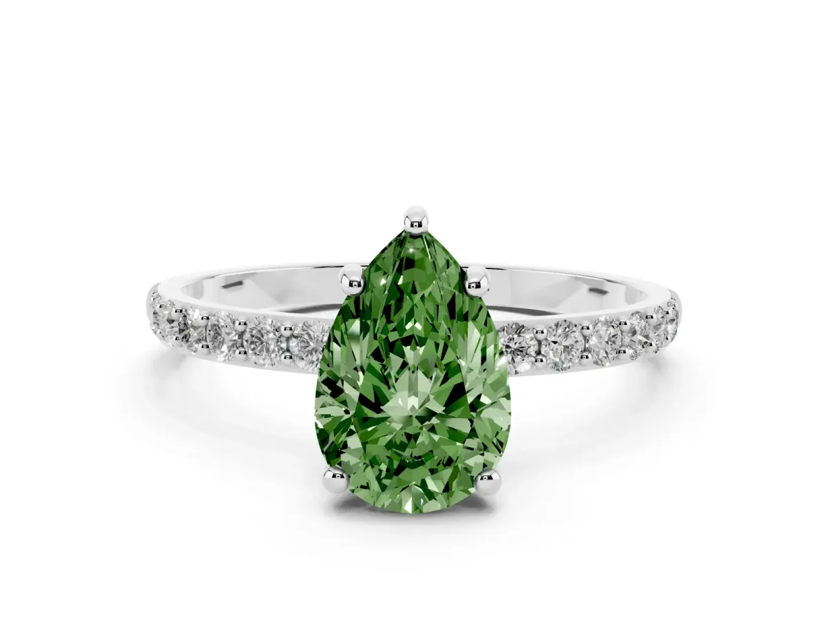 Fancy Green Pear Cut Diamond Solitaire Ring with Round Pavé Band and Prong Setting Platinum