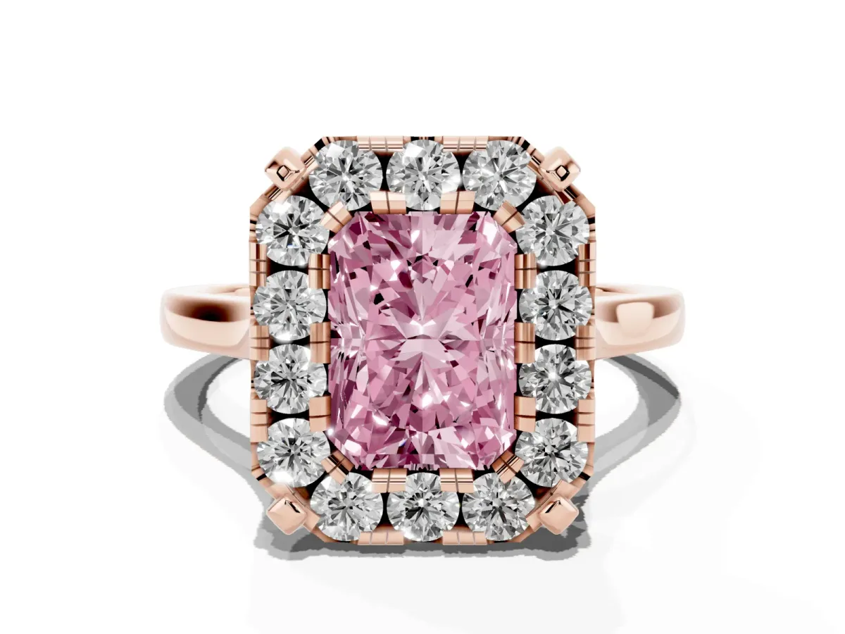 Fancy Pink Radiant Cut Diamond Cluster Halo Solitaire with Four-Prong Setting Rose gold