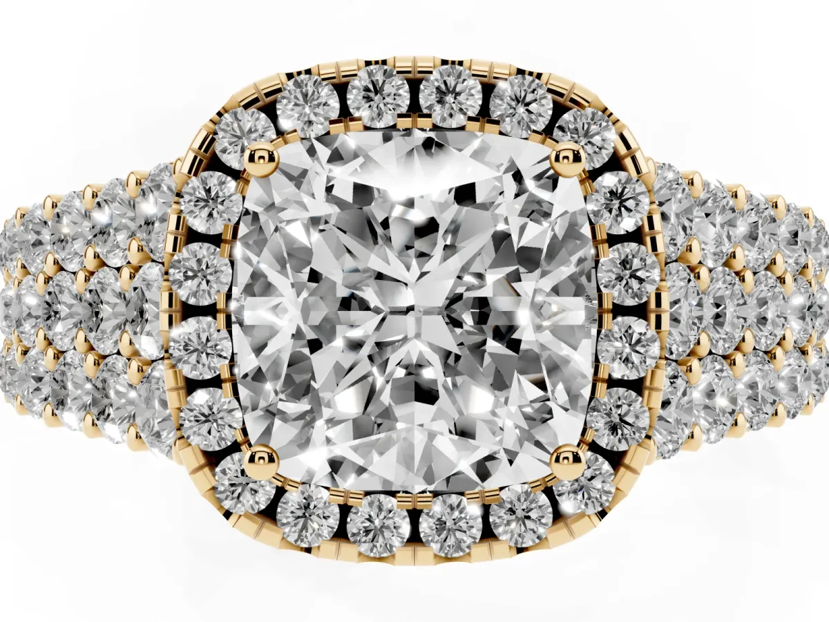 Cushion Cut Diamond Halo Engagement Ring with Triple Row Round Pavé Band and Prong Setting Yellow gold