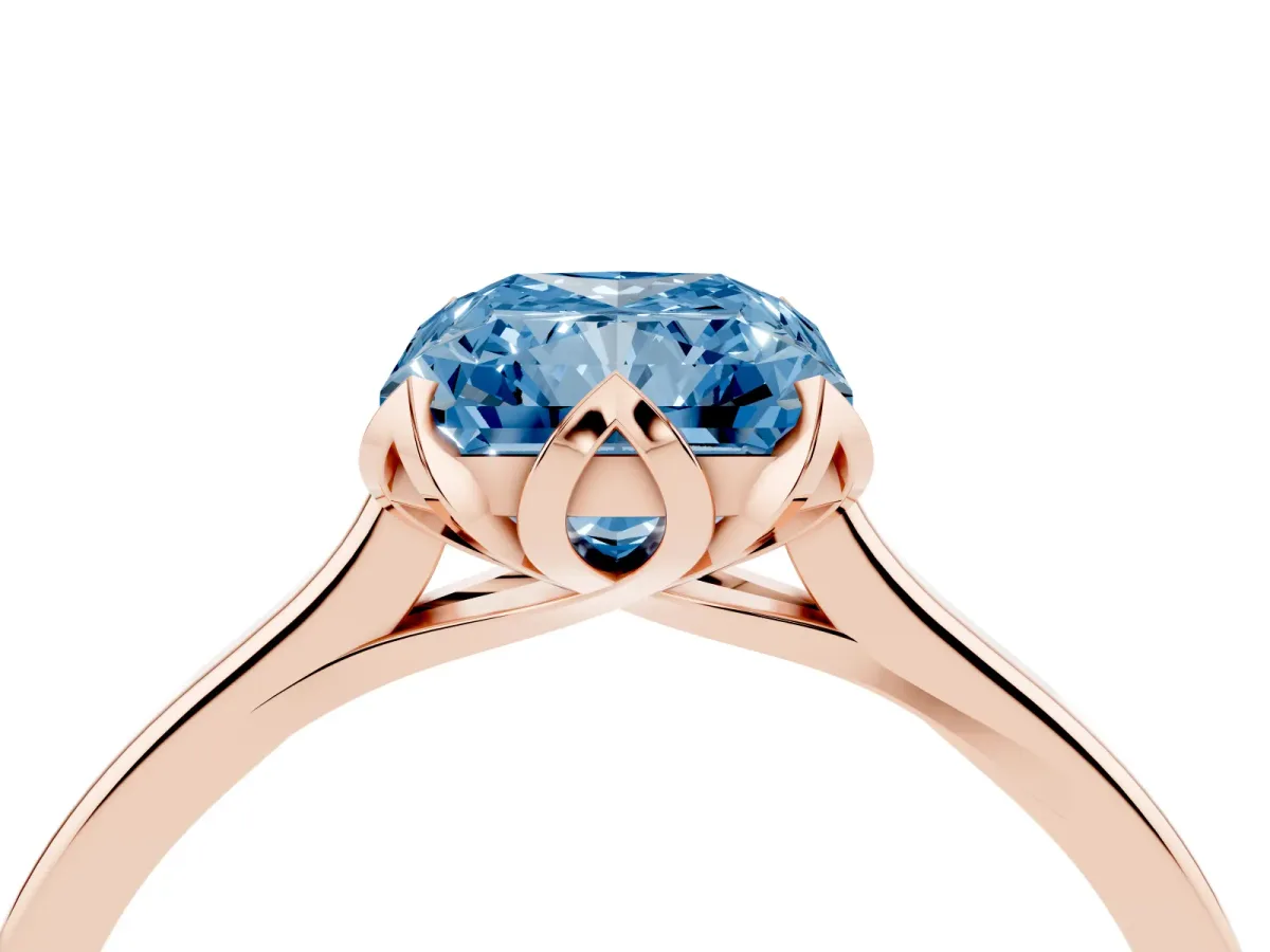 Fancy Blue Radiant Cut Diamond Solitaire Ring with Flower Prong Setting and Classic Band Rose gold