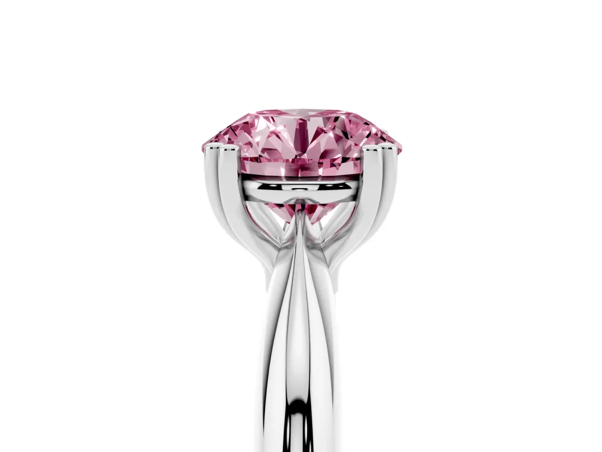 Fancy Pink Round Cut Cut Solitaire Engagement Ring with Tapered Band and Four-Prong Setting Silver