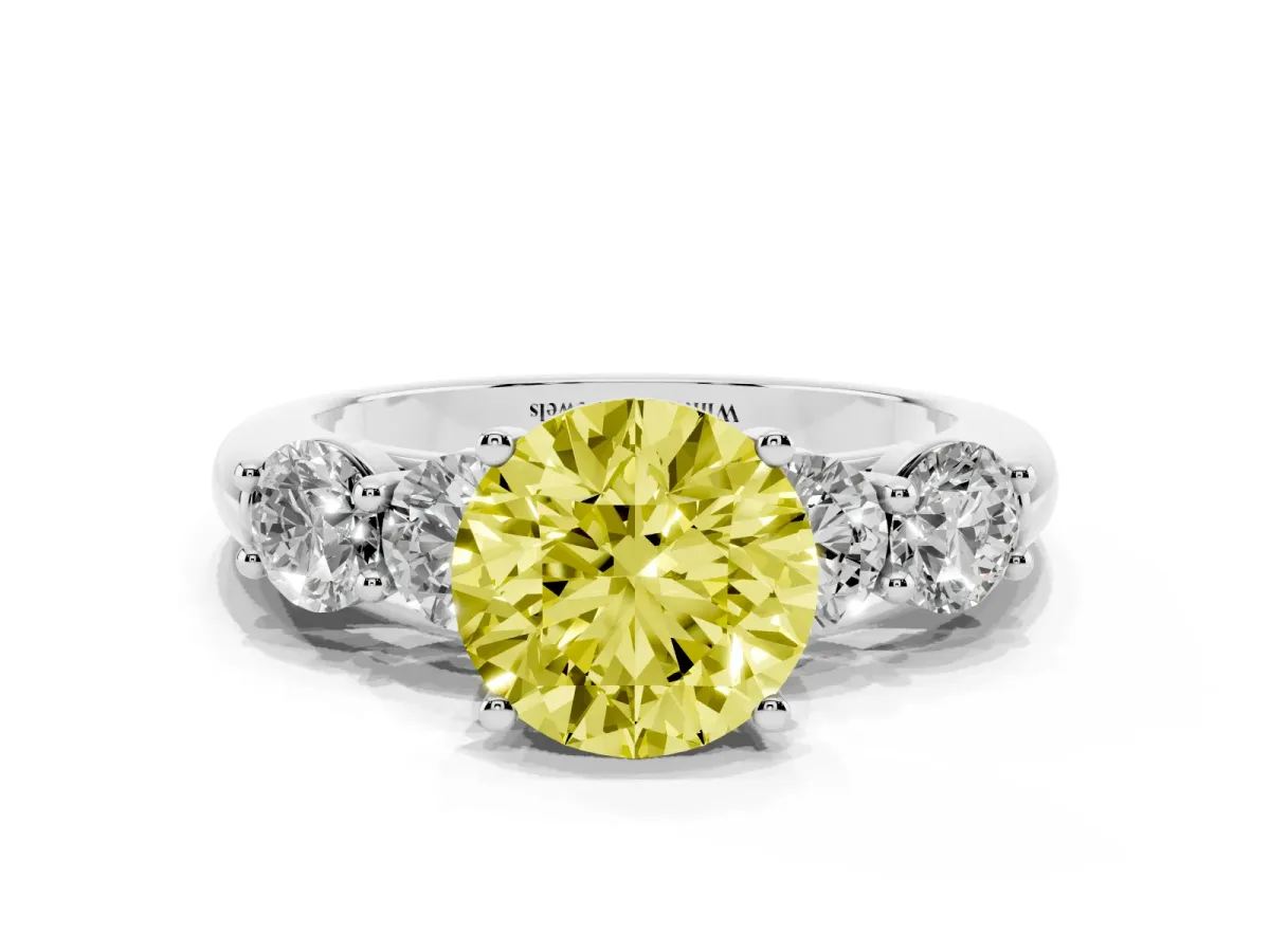 Fancy Yellow Round Cut Cut Five-Stone Prong Set Diamond Ring with Classic Band Silver