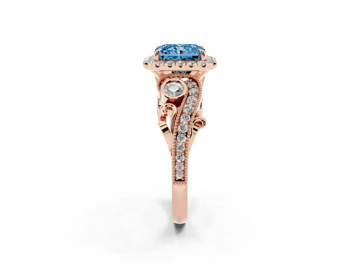 Fancy Blue Radiant Cut Diamond Halo Ring with Milgrain Pavé Band and Four-Prong Setting Rose gold