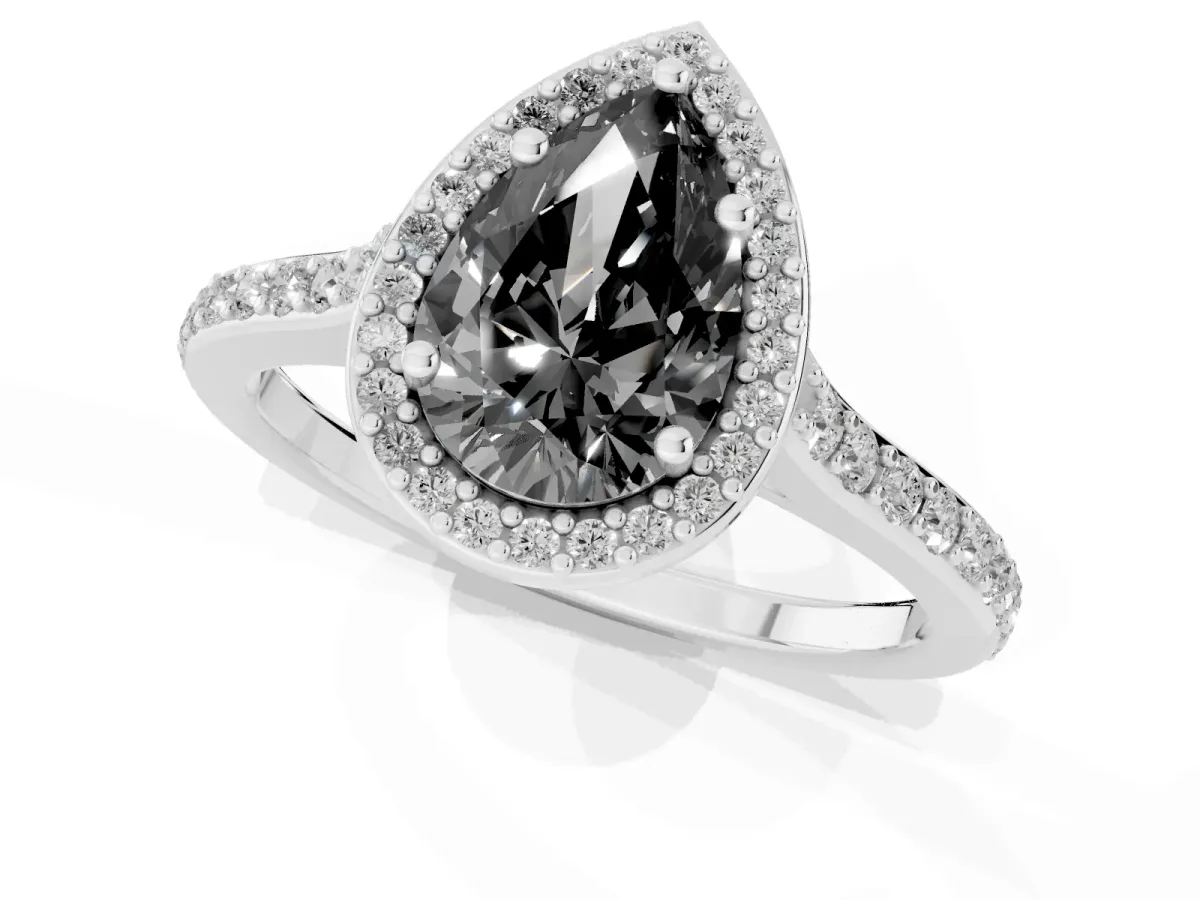 Fancy Black Pear Cut Diamond Halo Engagement Ring with Round Pavé Shoulders and Prong Setting Platinum
