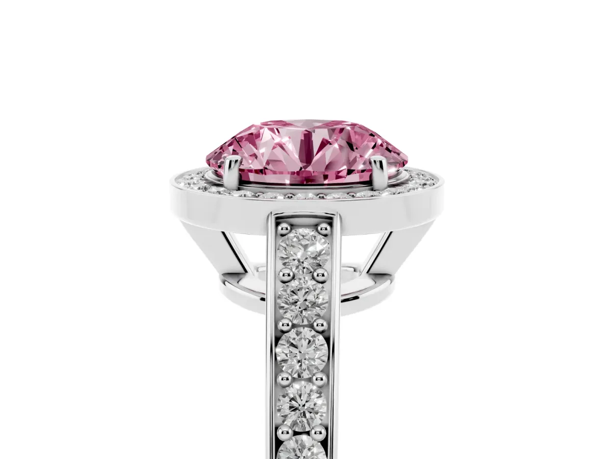Fancy Pink Round Cut Halo Pavé Diamond Engagement Ring with Bezel Setting Silver