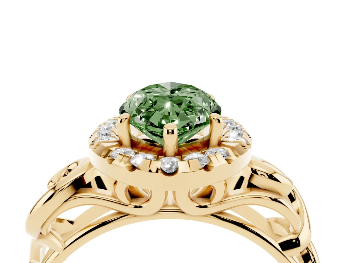 Fancy Green Marquise Cut Cut Halo Diamond Ring with Scrollwork Band and Four-Prong Setting Yellow gold