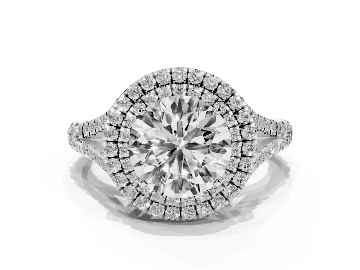 Round Cut Diamond Double Halo Ring with Split Shank and Prong Setting Silver