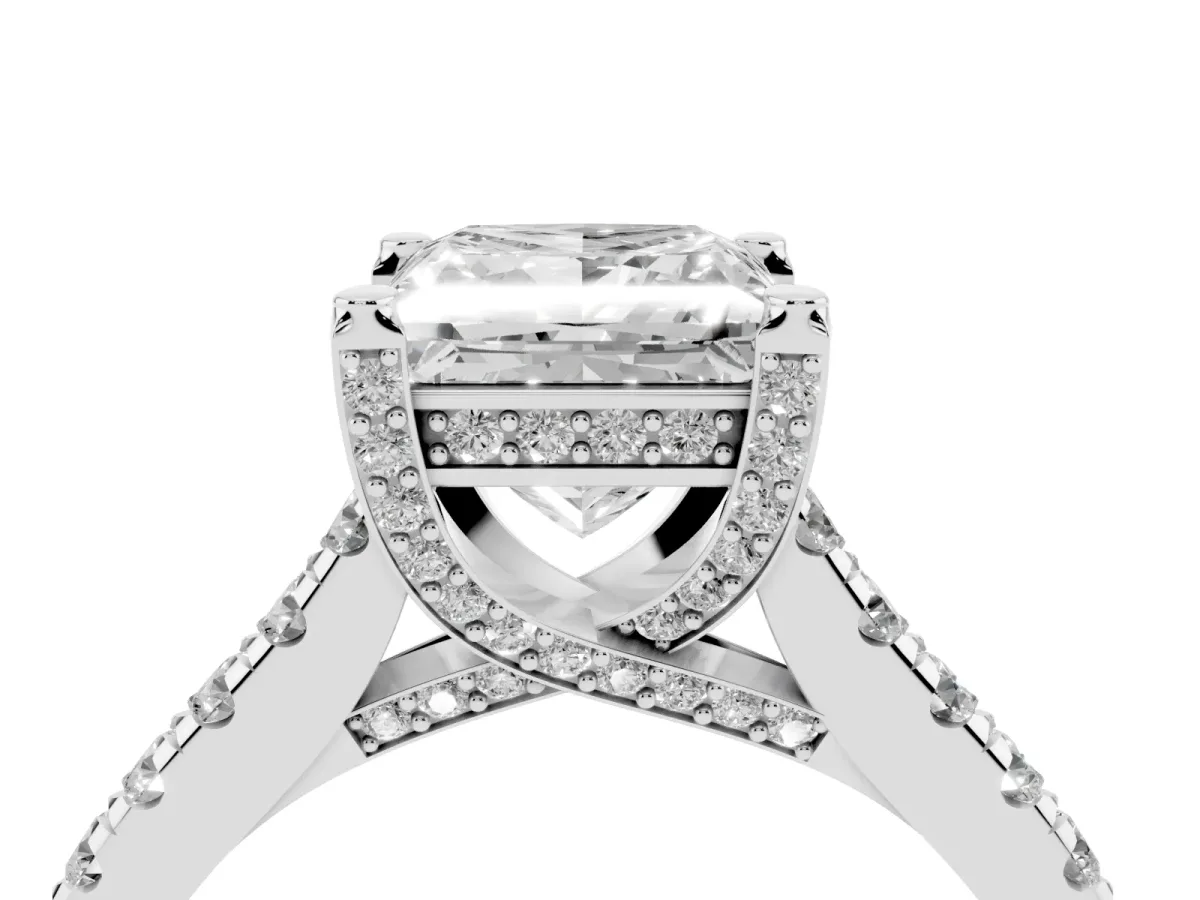 Princess Cut Brilliant Diamond Solitaire with Pavé Band and Four-Prong Setting Silver