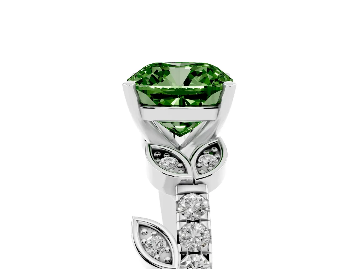 Fancy Green Cushion Cut Solitaire Leaf-Inspired Diamond Ring with Pavé Band and Four-Prong Setting Silver