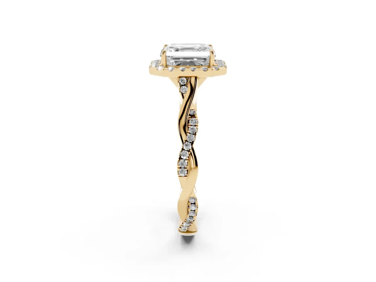Asscher Cut Halo Twist Band Solitaire Ring Yellow gold