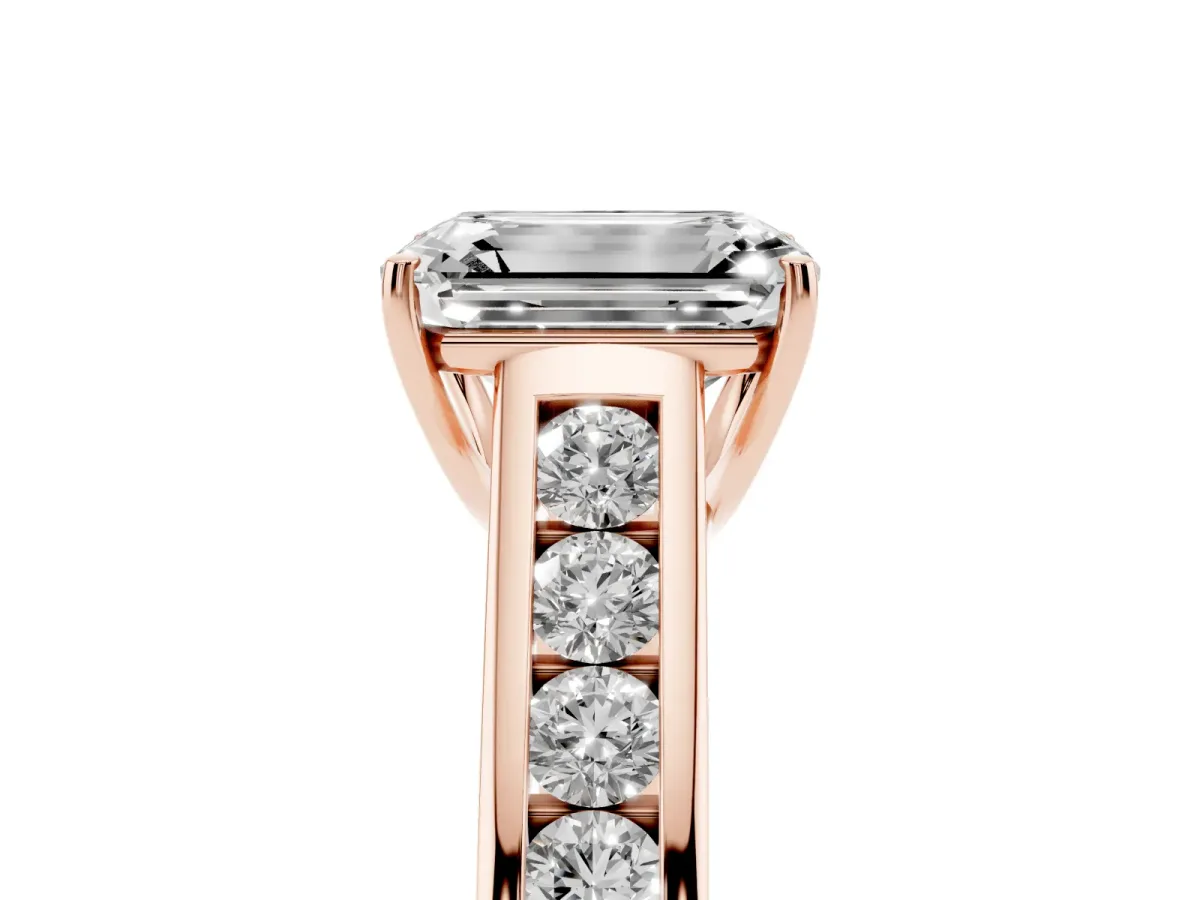 Emerald Cut Brilliant Channel-Set Solitaire Ring with Four-Prong Setting Rose gold