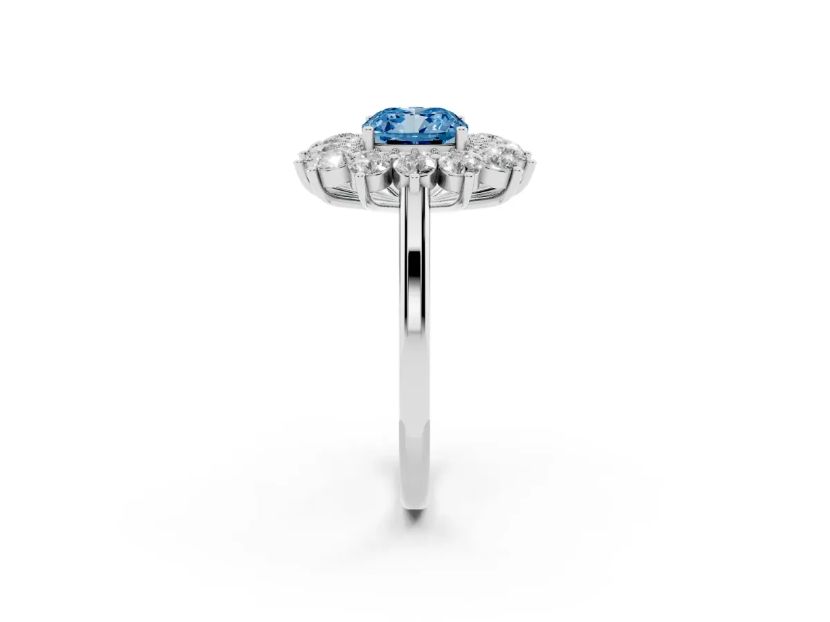 Fancy Blue Cushion Cut Diamond Floral Double Halo Engagement Ring with Prong Setting Platinum
