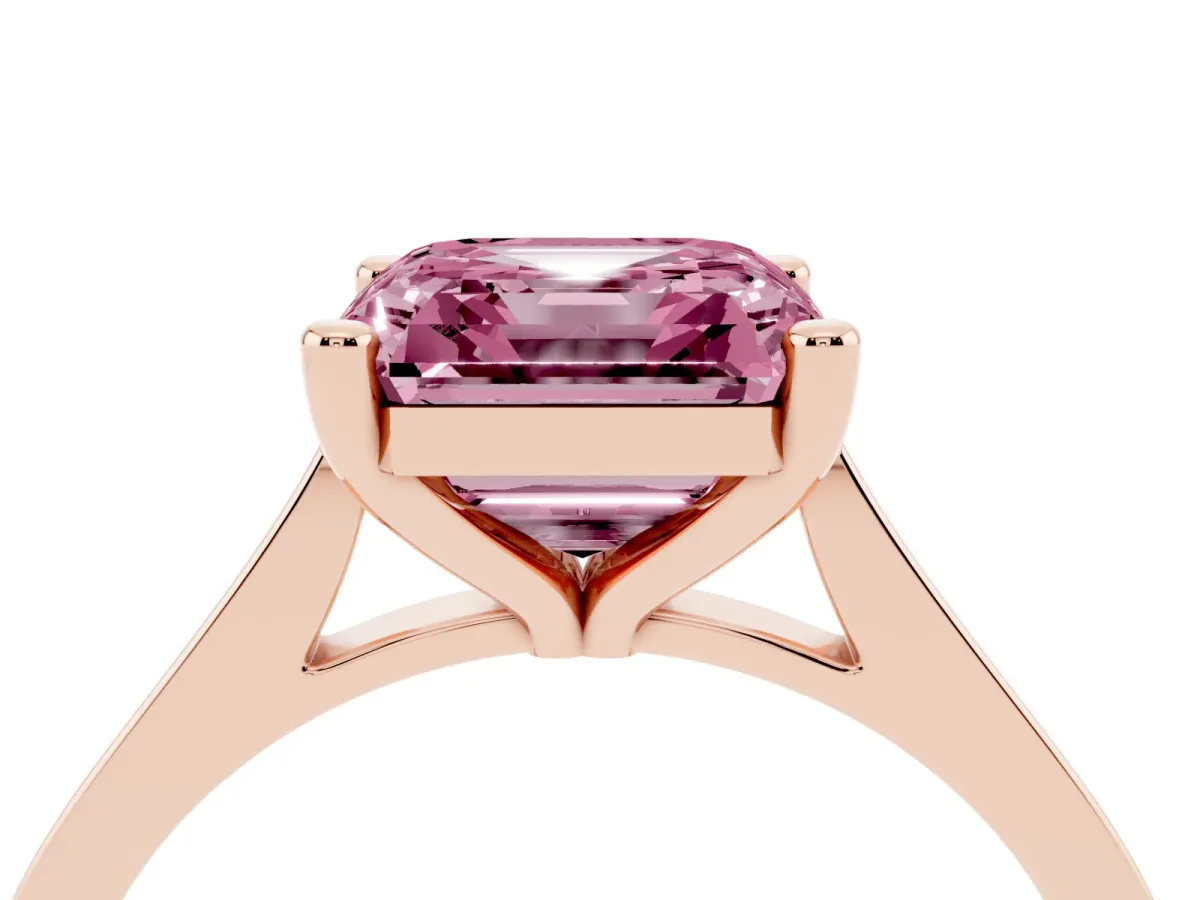 Fancy Pink Asscher Cut Solitaire Diamond Ring with Four-Prong Setting and Tapered Band Rose gold