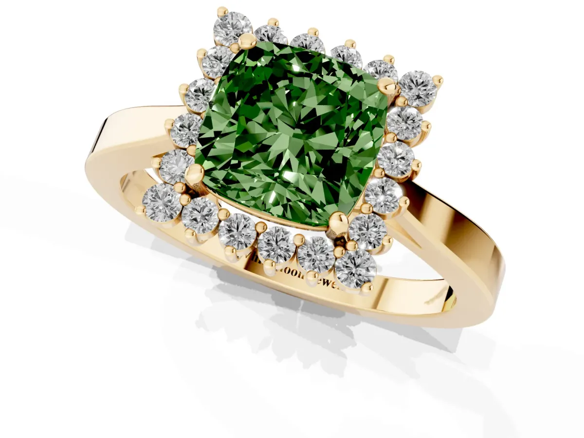 Fancy Green Cushion Cut Cut Diamond Halo Ring with Round Brilliant Halo and Solitaire Band Yellow gold
