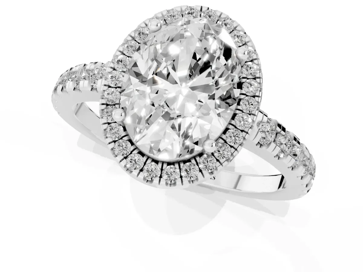 Oval Cut Diamond Halo Ring with Pavé Band and Four-Prong Setting Platinum