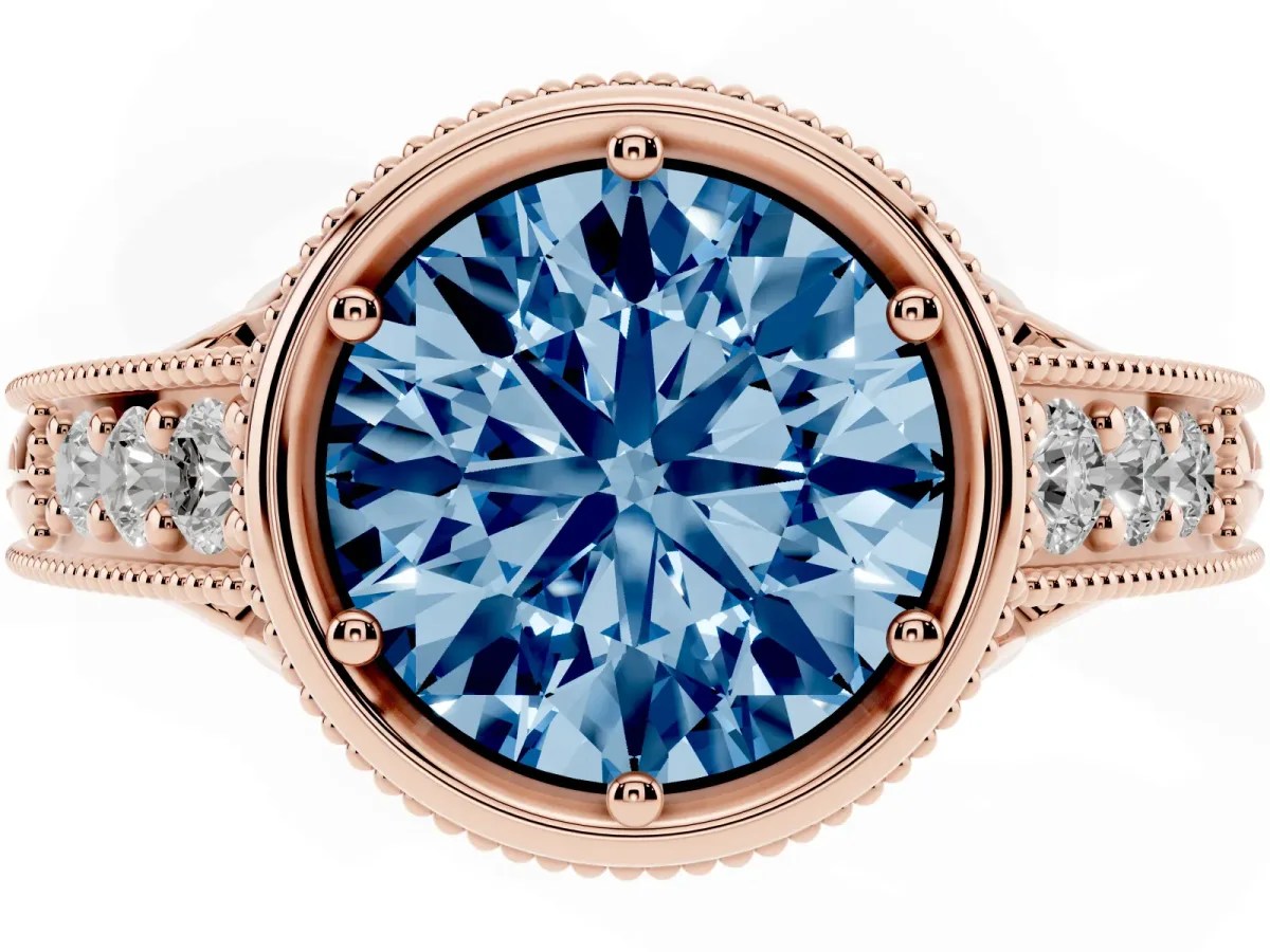 Fancy Blue Bezel Set Round Cut Diamond Milgrain Pave Engagement Ring Rose gold