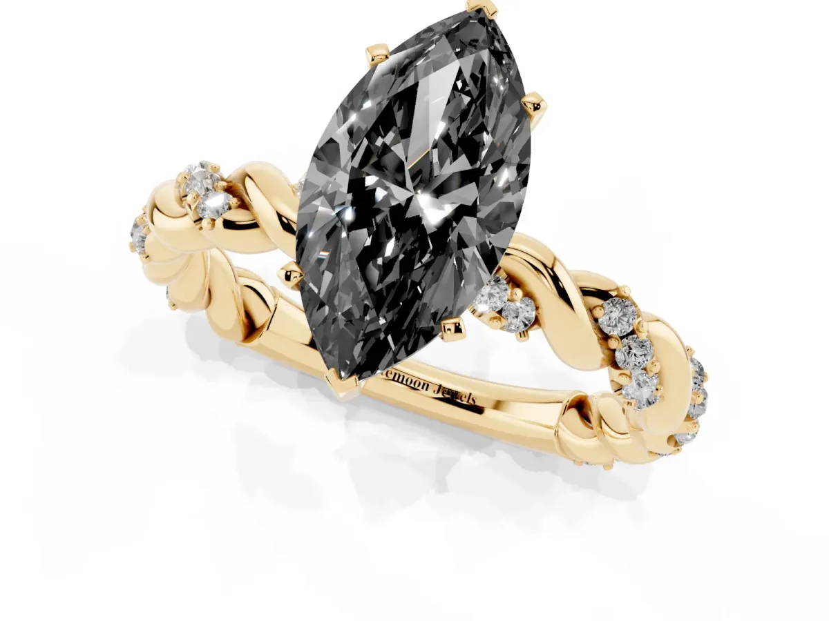 Fancy Black Marquise Cut Diamond Solitaire Ring with Twisted Band and Pavé Accents Yellow gold