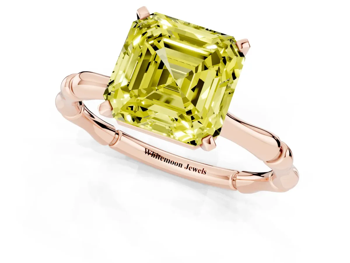 Fancy Yellow Asscher Cut Solitaire Diamond Ring with Bamboo Band and Four-Prong Setting Rose gold
