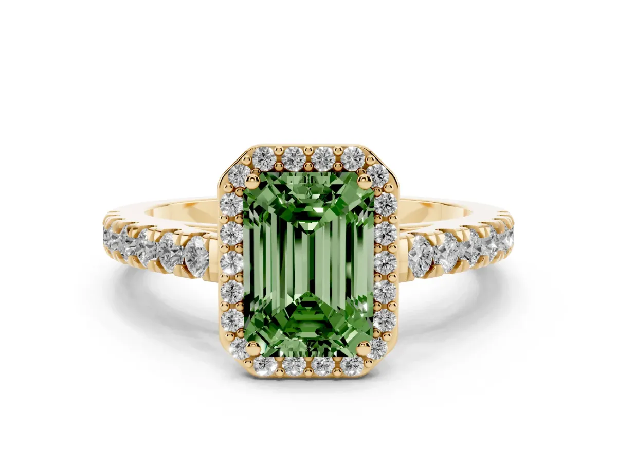 Fancy Green Emerald Cut Cut Halo Diamond Engagement Ring with Pave Band and Four-Prong Setting Yellow gold