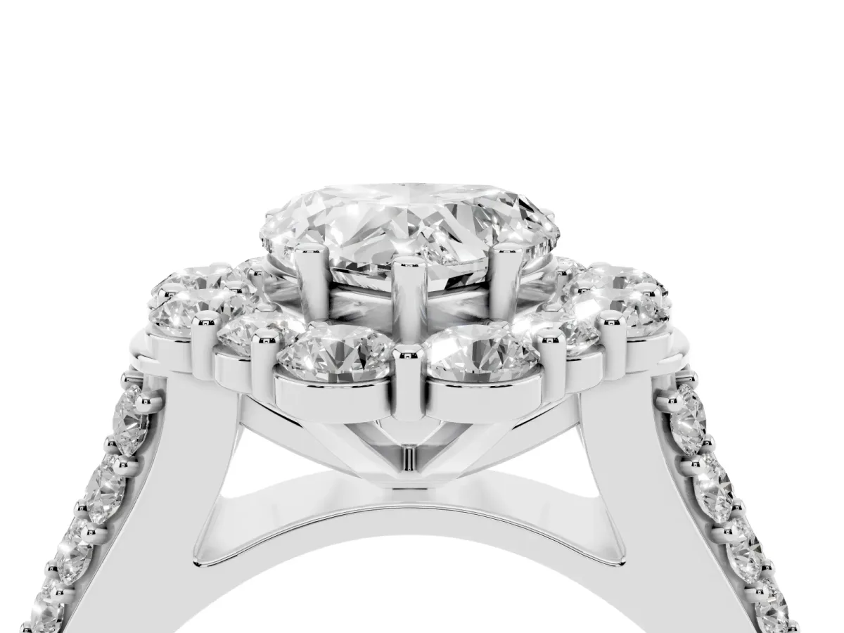 Heart Cut Halo Diamond Engagement Ring with Split Shank and Prong Setting Silver