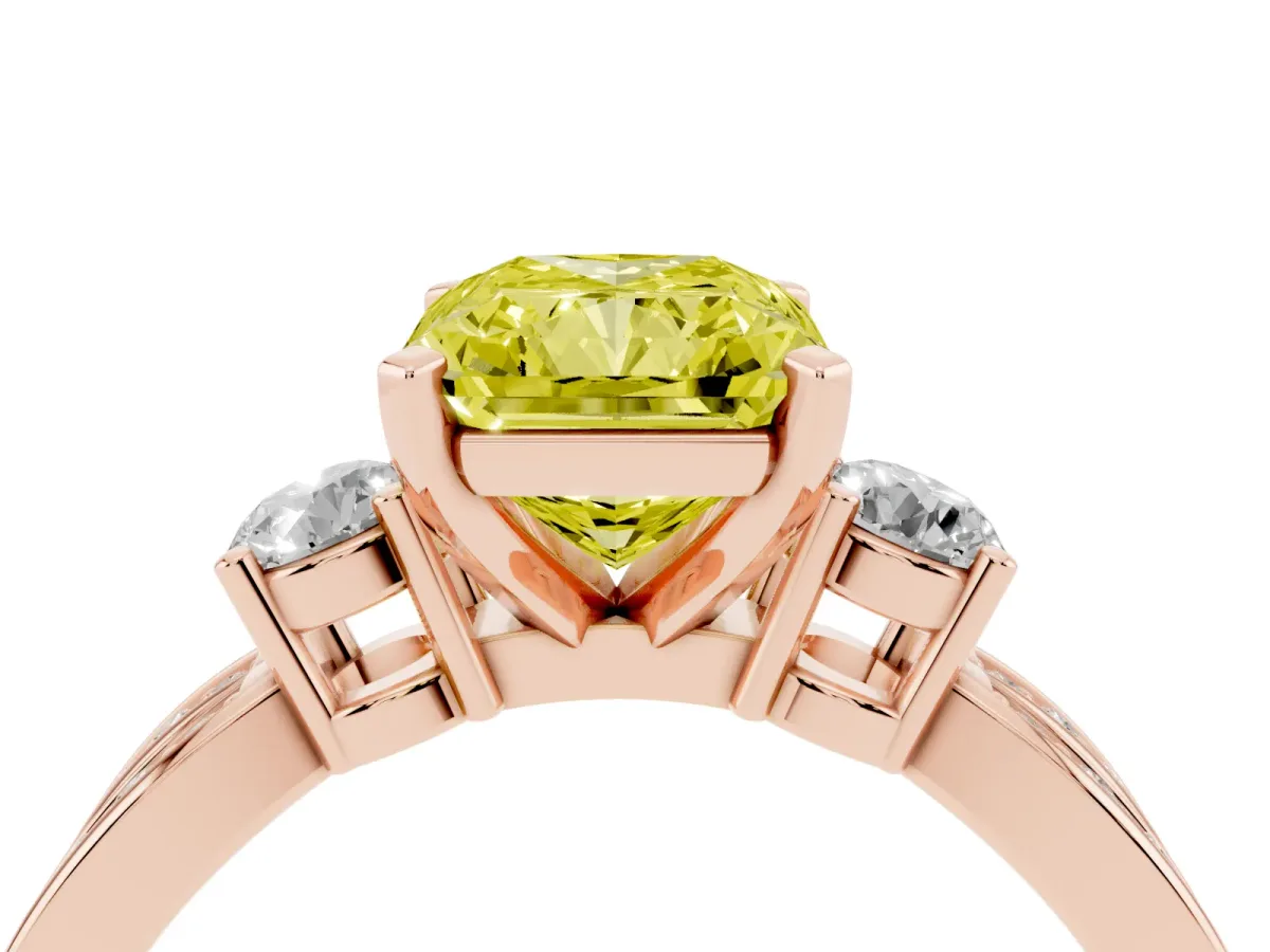 Fancy Yellow Three-Stone Radiant Cut Cut Diamond Twist Band with Prong Setting Rose gold