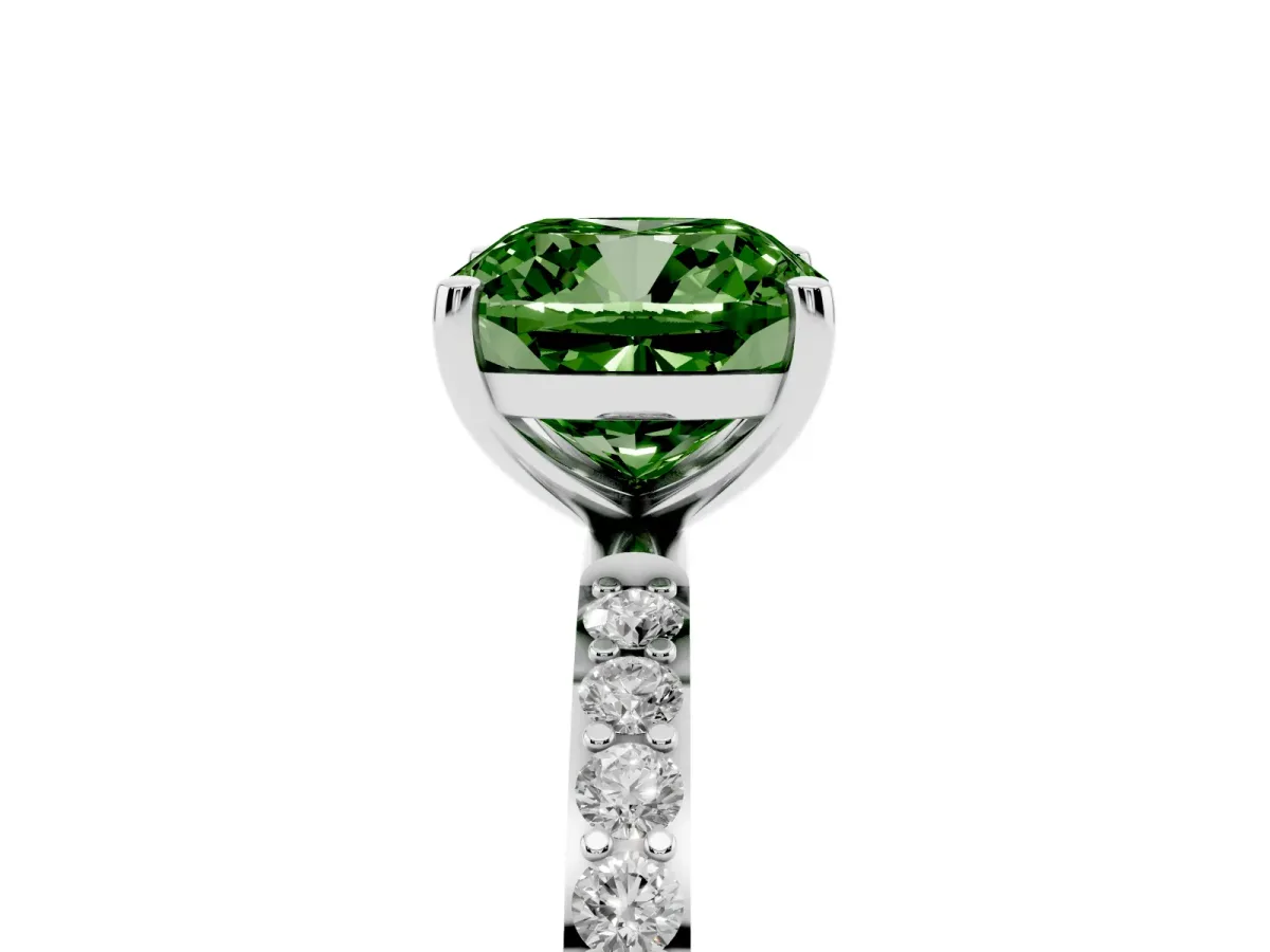 Fancy Green Cushion Cut Diamond Solitaire Ring with Round Pavé Shoulders and Prong Setting Silver