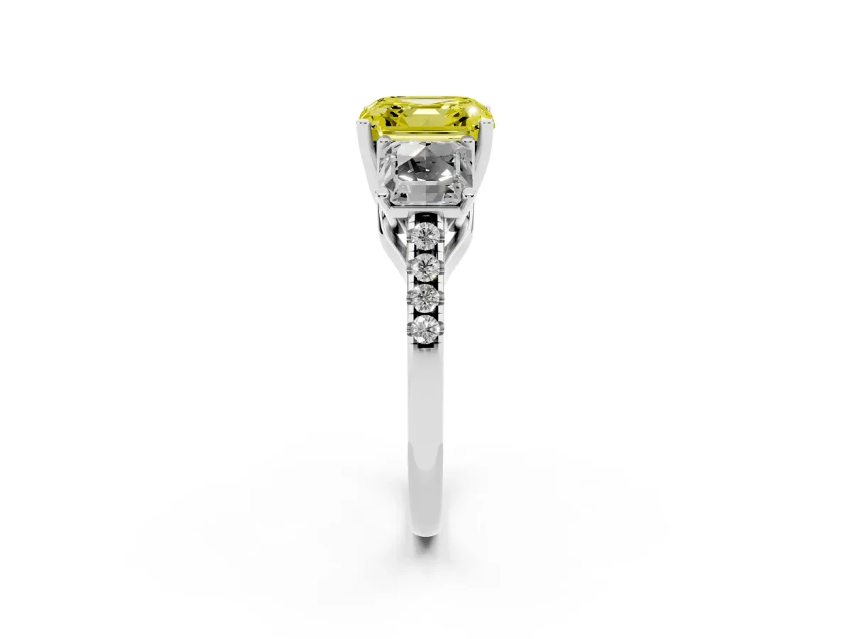 Fancy Yellow Three-Stone Asscher Cut Diamond Ring with Round Pavé Band and Prong Setting Silver