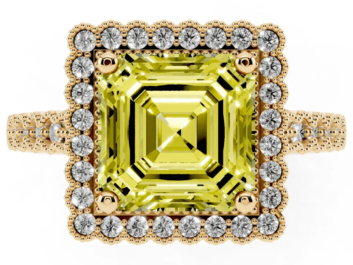 Fancy Yellow Asscher Cut Cut Halo Pavé Solitaire Ring with Milgrain Band Yellow gold