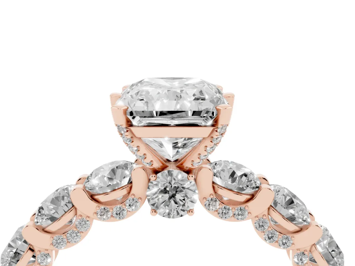 Radiant Cut Diamond Side Stone Engagement Ring with Four-Prong Setting Rose gold