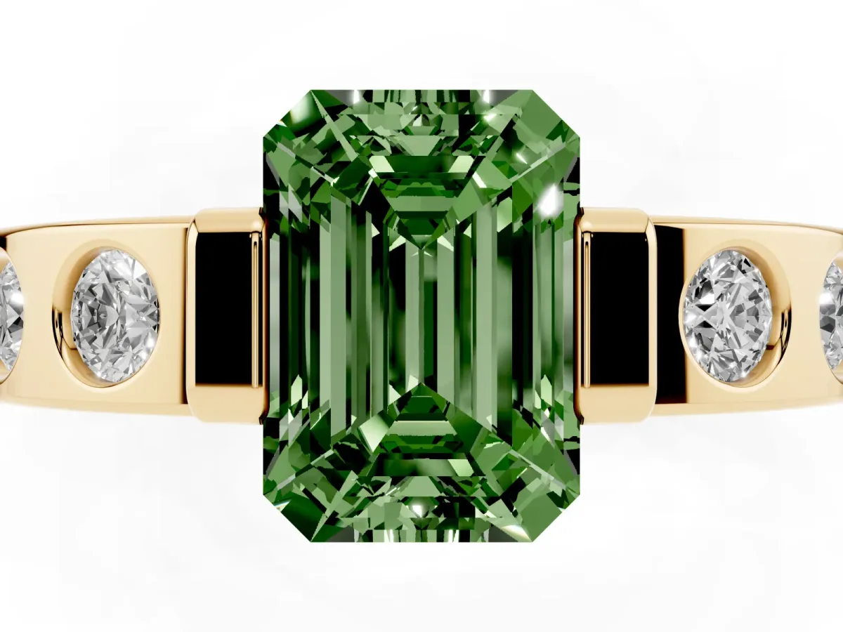 Fancy Green Emerald Cut Brilliant Channel-Set Diamond Ring with Bezel Prong Setting Yellow gold