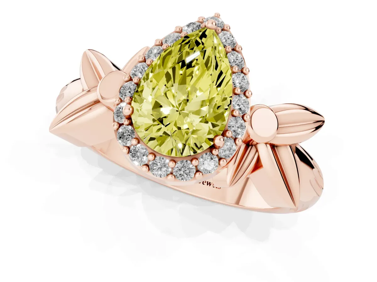 Fancy Yellow Pear Cut Halo Diamond Floral Band with Four-Prong Setting Rose gold