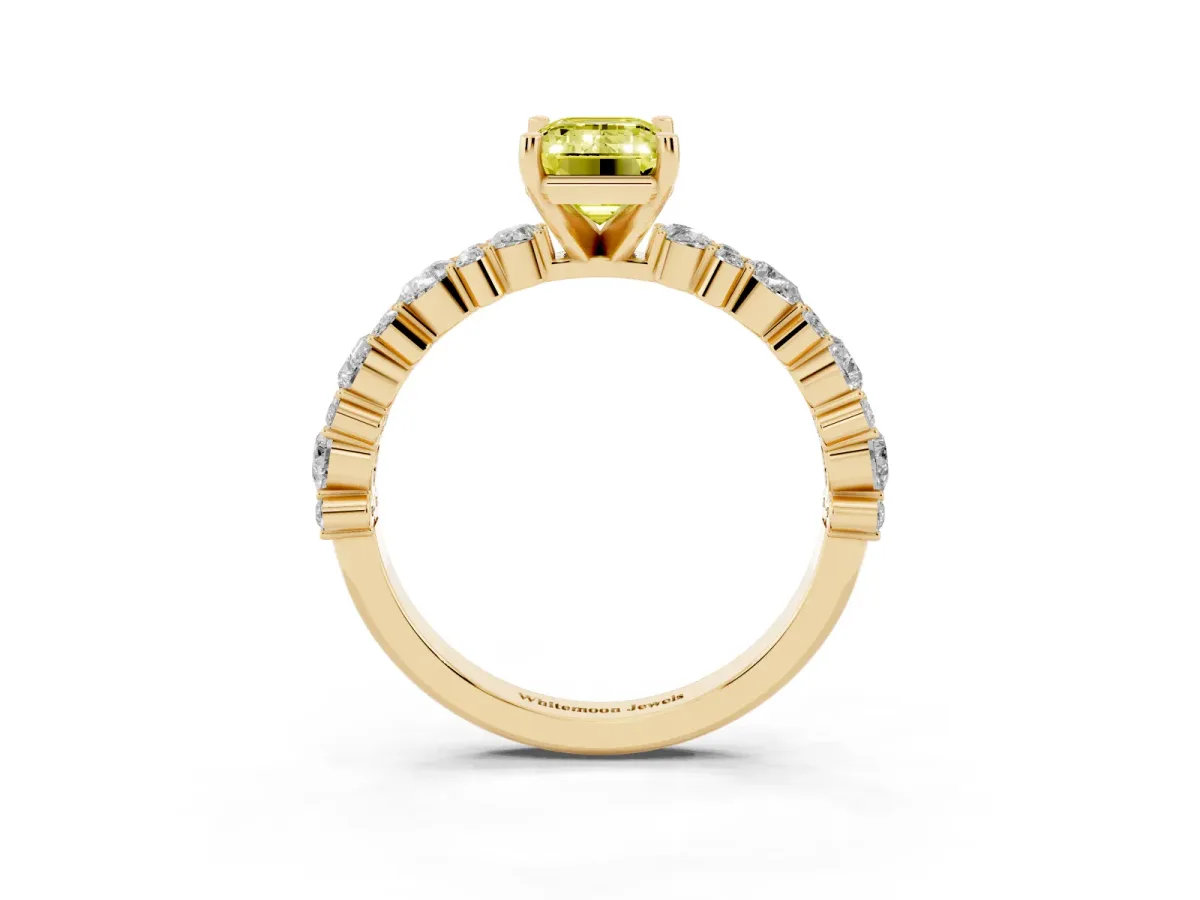 Fancy Yellow Emerald Cut Diamond Side Stone Solitaire Ring with Round and Four-Prong Setting Yellow gold