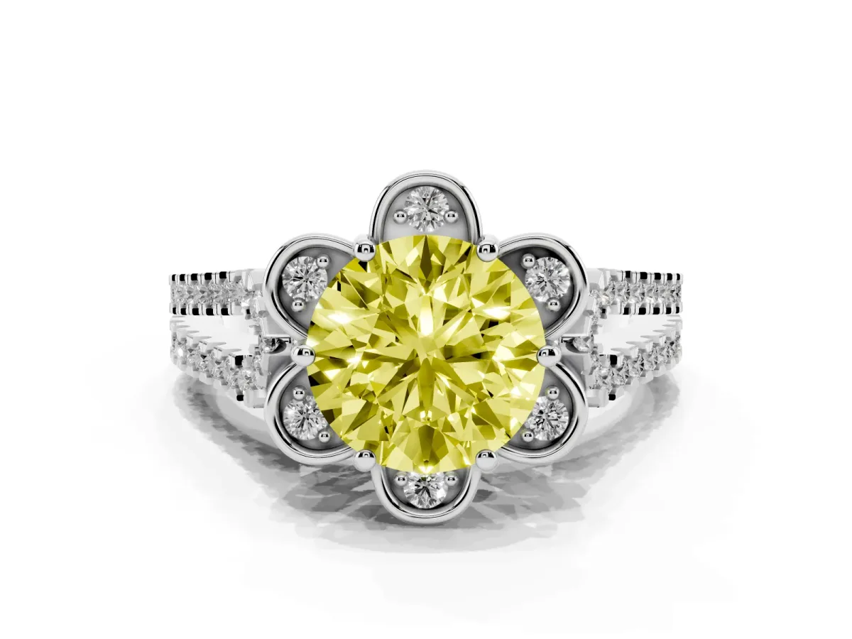 Fancy Yellow Round Cut Halo Diamond Floral Split Shank Engagement Ring Platinum