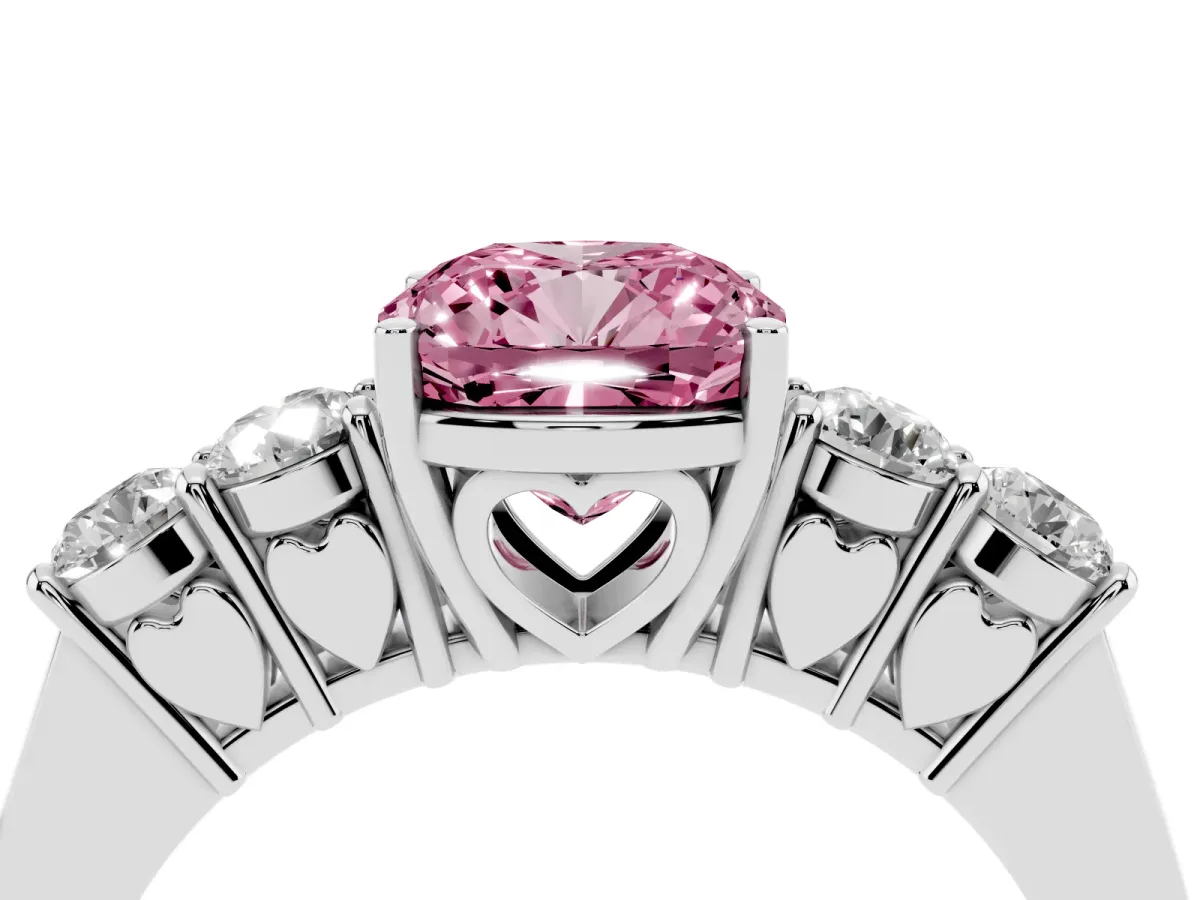 Fancy Pink Cushion Cut Cut Diamond Five-Stone Prong Set White Gold Ring Silver