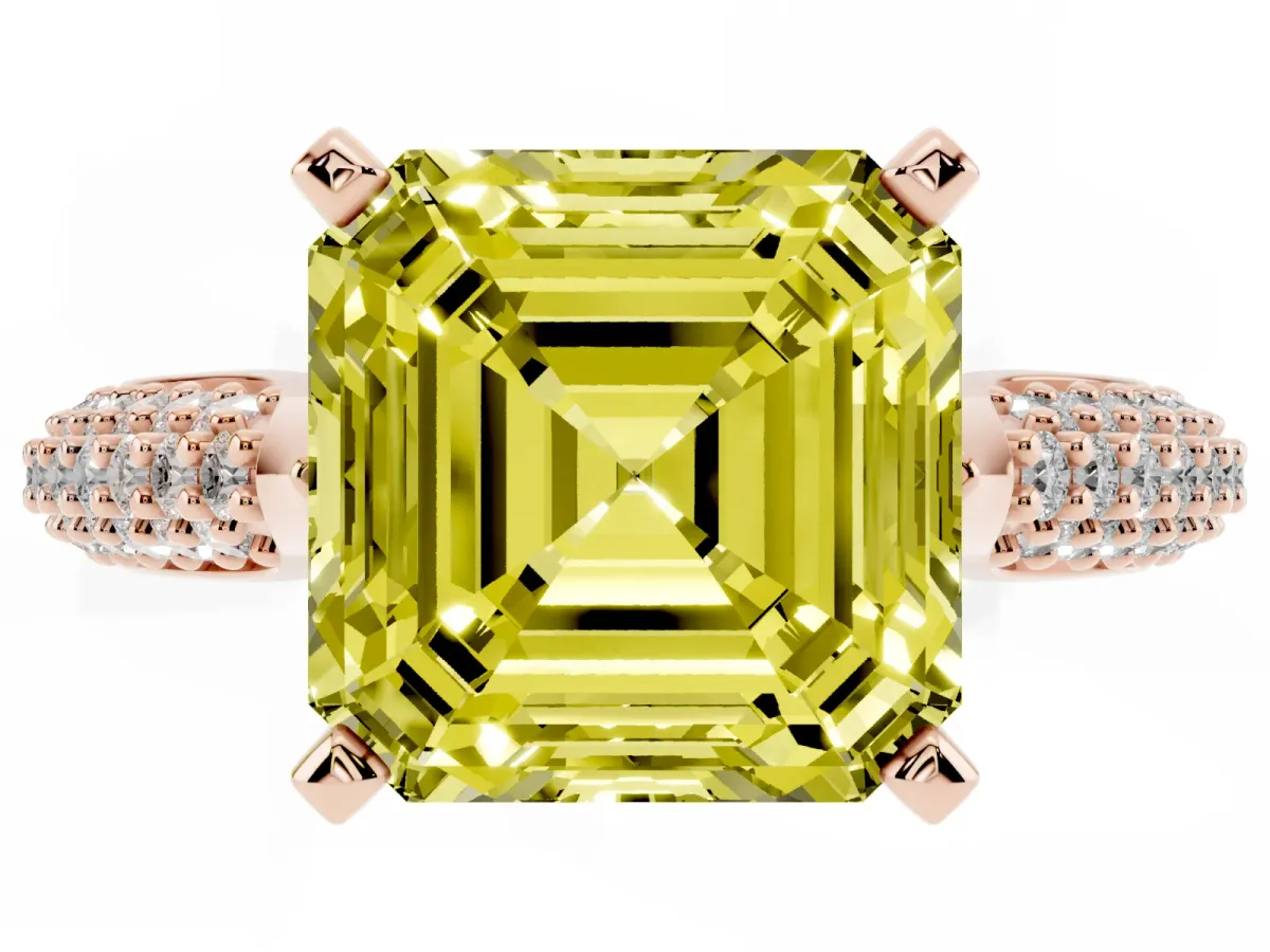 Fancy Yellow Asscher Cut Diamond Solitaire Engagement Ring with Multi-Row Round Pavé Band and Prong Setting Rose gold