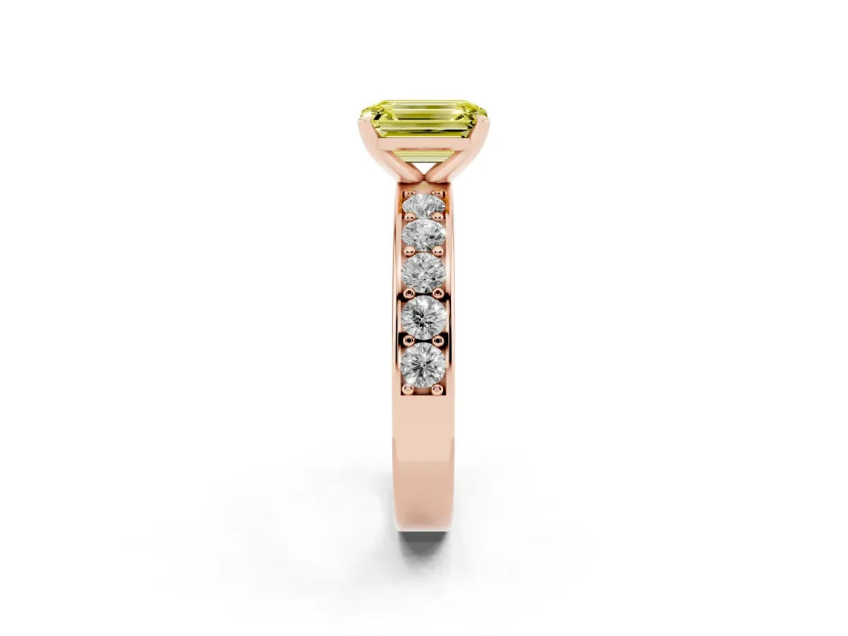 Fancy Yellow Emerald Cut Diamond Engagement Ring with Channel Set Round Band and Prong Setting Rose gold