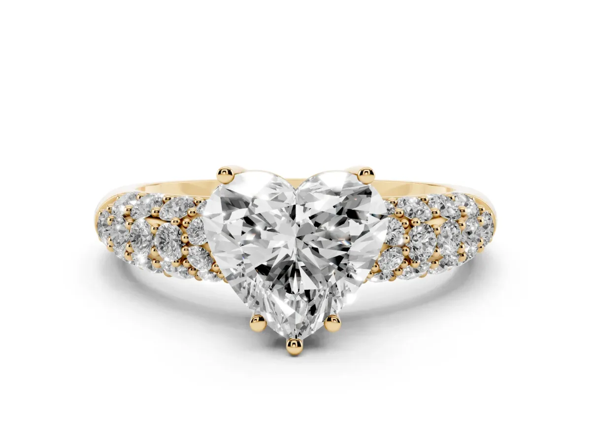 Heart Cut Diamond Pavé Band Solitaire Ring with Four-Prong Setting Yellow gold
