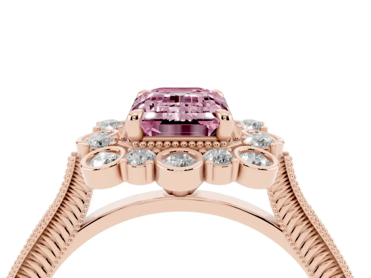 Fancy Pink Emerald Cut Halo Milgrain Pave Diamond Ring with Four-Prong Setting Rose gold