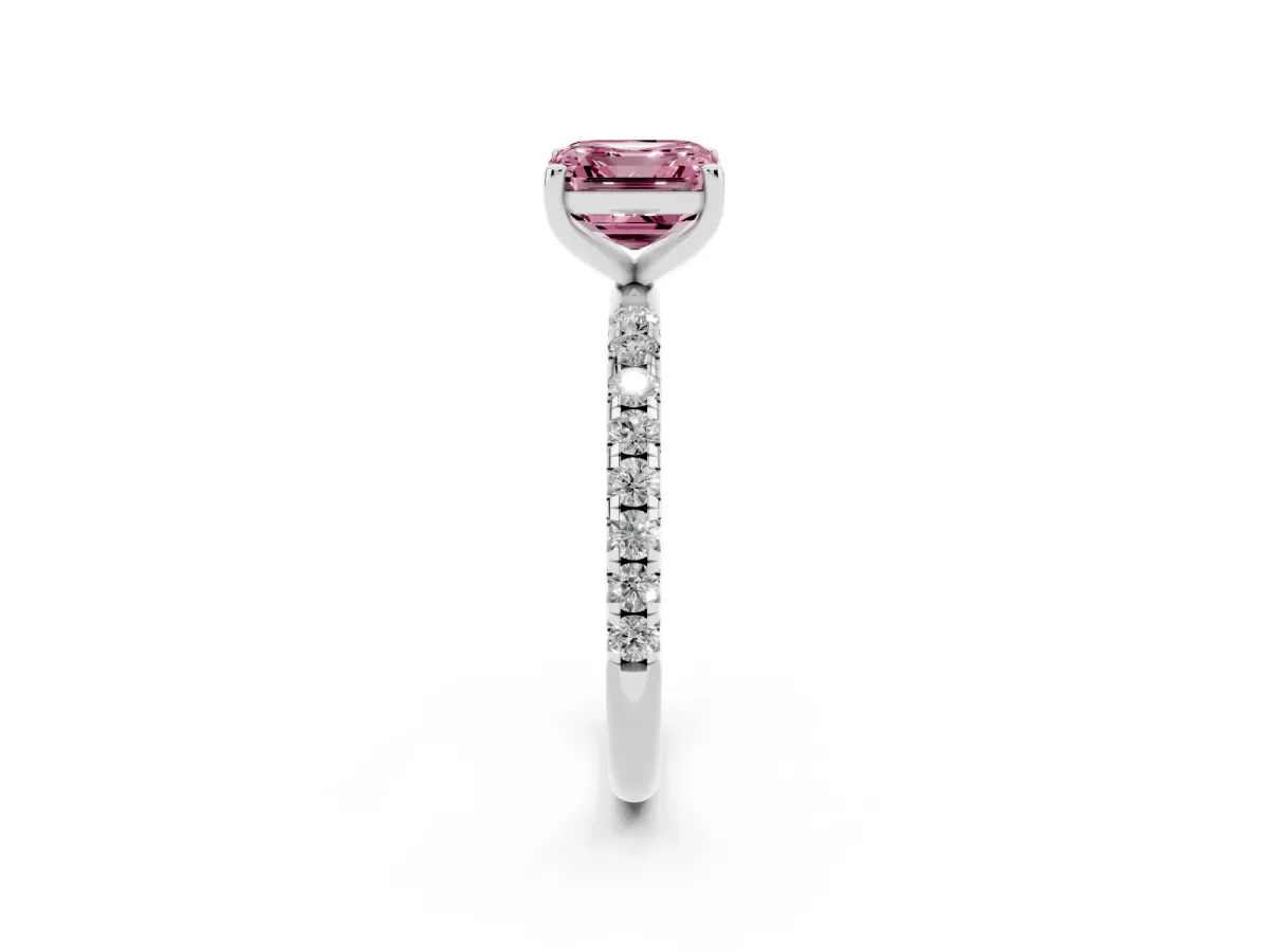 Fancy Pink Asscher Cut Cut Diamond Solitaire Ring with Micro Pave Band and Four Prong Setting Silver