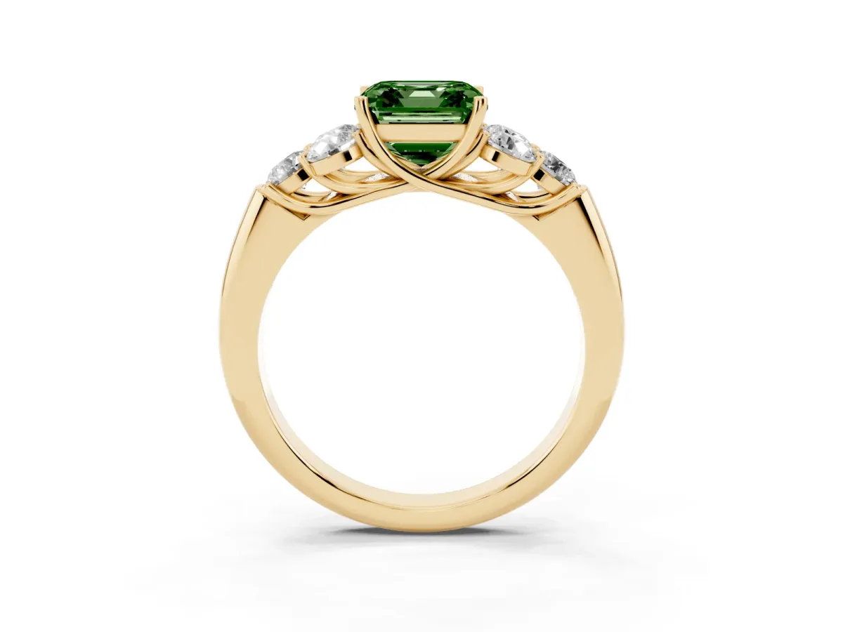 Fancy Green Asscher Cut Cut Diamond Cluster Ring with Round Accent Stones and Prong Setting on a Classic Band Yellow gold
