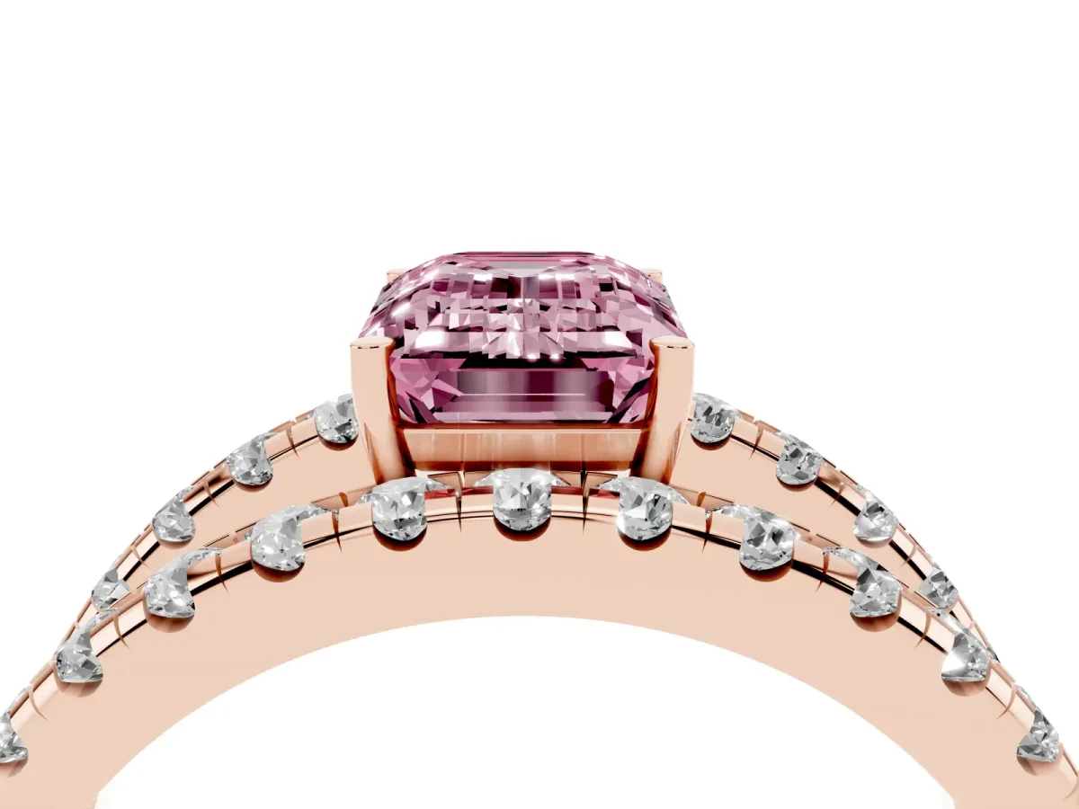 Fancy Pink Emerald Cut Solitaire Split Shank Pave Diamond Ring Rose gold