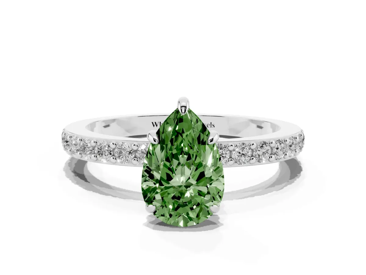 Fancy Green Pear Cut Diamond Pavé Engagement Ring with Round Accents and Prong Setting Silver