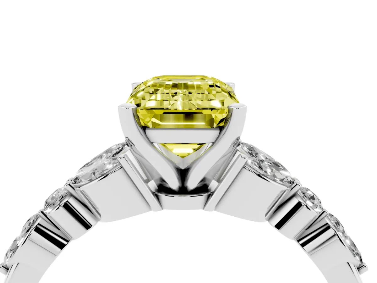 Fancy Yellow Emerald Cut Diamond Solitaire Ring with Side Stones and Four-Prong Setting Platinum
