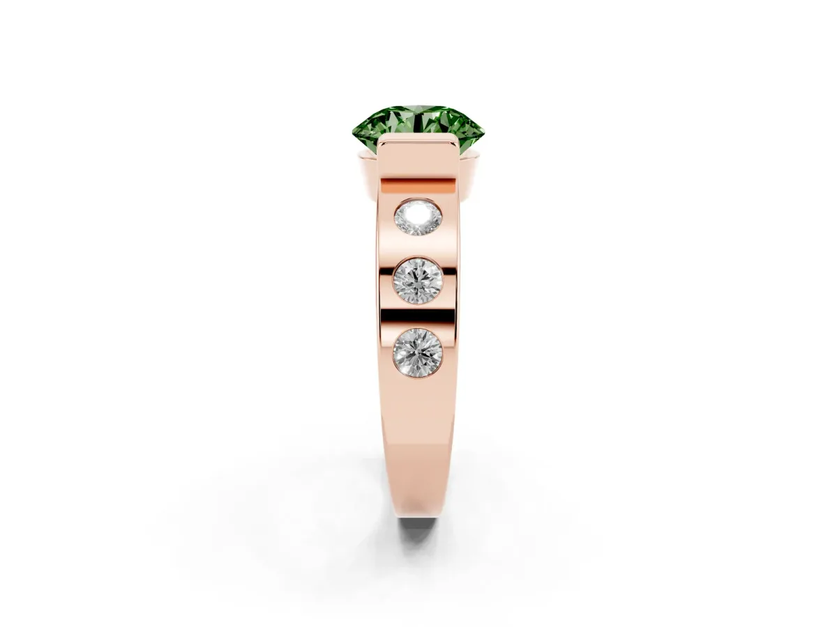 Fancy Green Round Cut Brilliant Channel-Set Diamond Ring with Bezel Prong Setting Rose gold