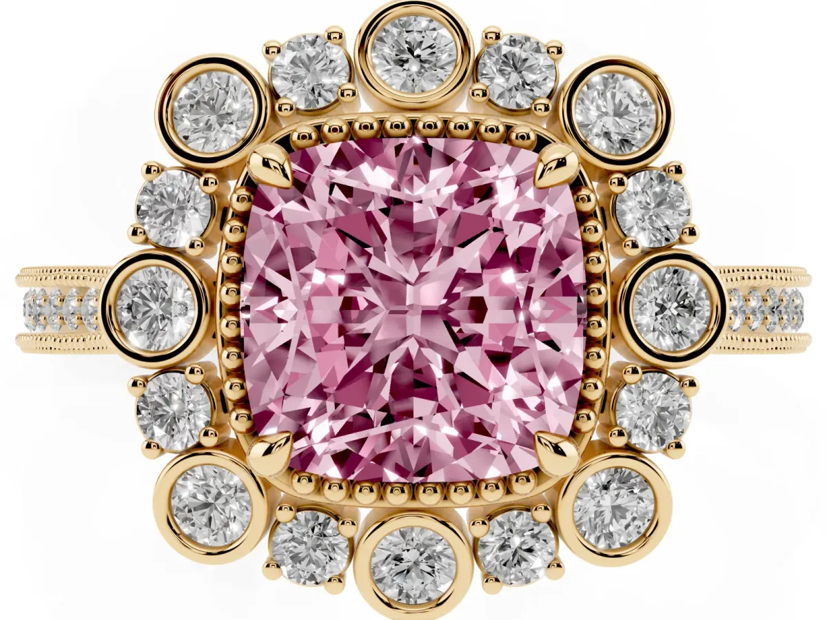 Fancy Pink Cushion Cut Halo Milgrain Pave Diamond Ring with Four-Prong Setting Yellow gold