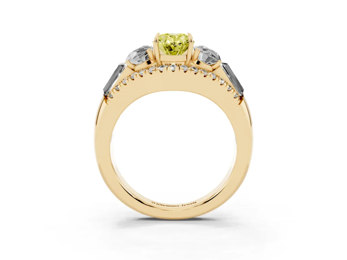 Fancy Yellow Three-Stone Oval Cut Diamond Engagement Ring with Pave Band and Prong Setting Yellow gold