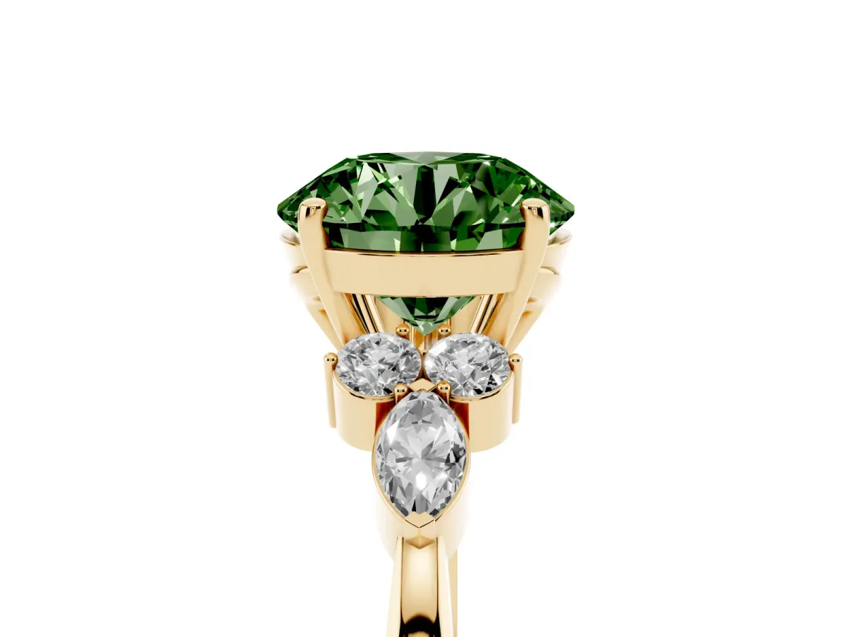 Fancy Green Round Cut Brilliant Diamond Solitaire Ring with Pear Side Stones and Four-Prong Setting Yellow gold