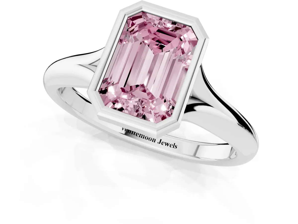 Fancy Pink Bezel Set Emerald Cut Solitaire Diamond Ring with Smooth Band Silver
