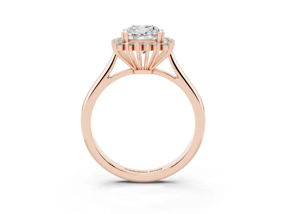 Cushion Cut Cut Diamond Halo Ring with Solitaire Band and Prong Setting Rose gold