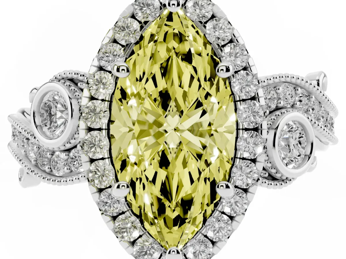 Fancy Yellow Marquise Cut Halo Diamond Ring with Milgrain and Bezel Accents on a Split Shank Band White gold
